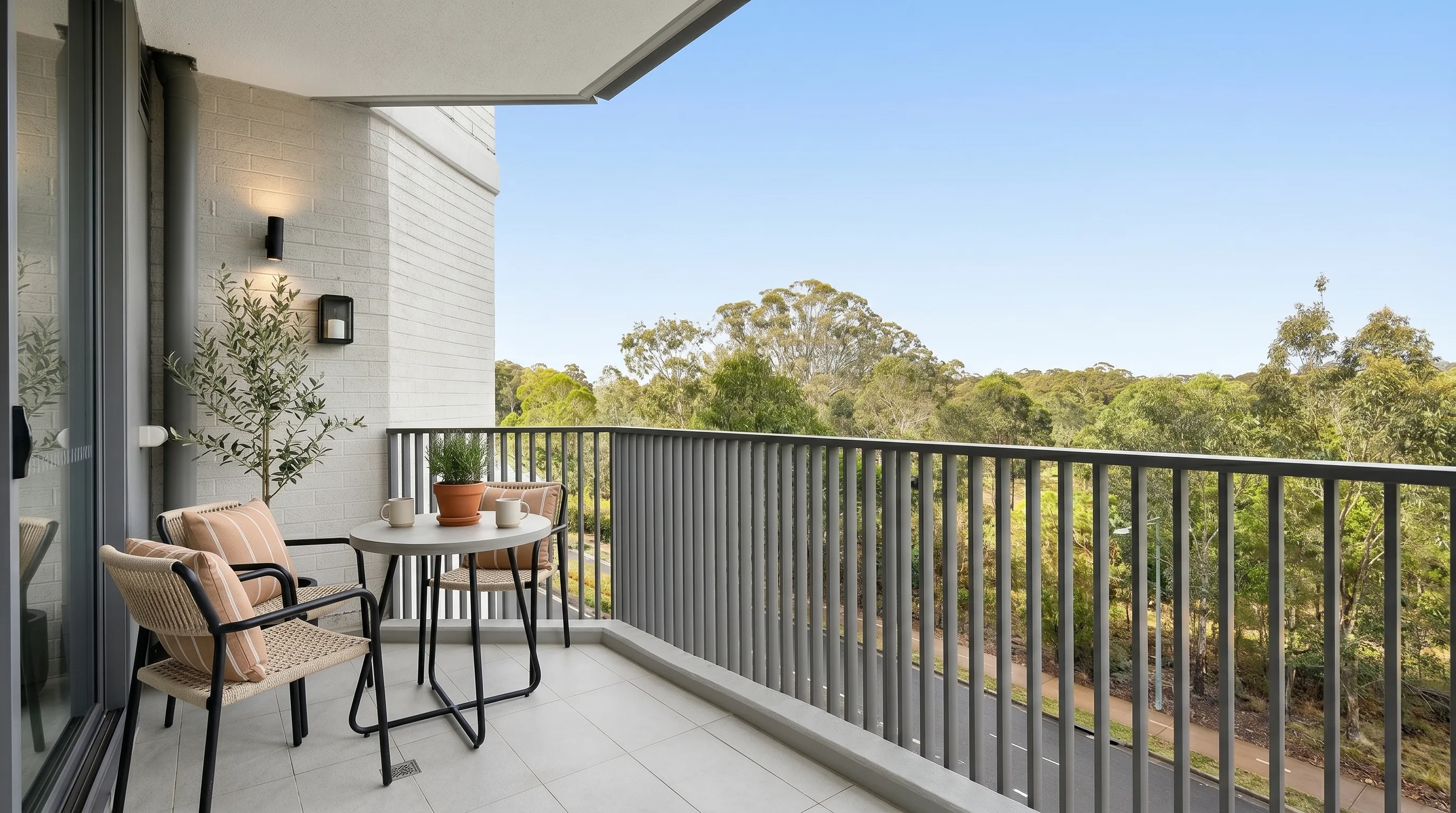 3D render vs AI render example: an AI-generated apartment balcony with bushland views