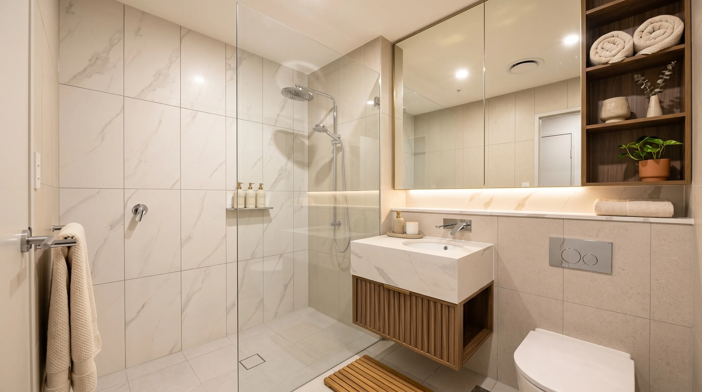A staged ensuite bathroom with rolled towels, plants and styling props added to a bare marble room.