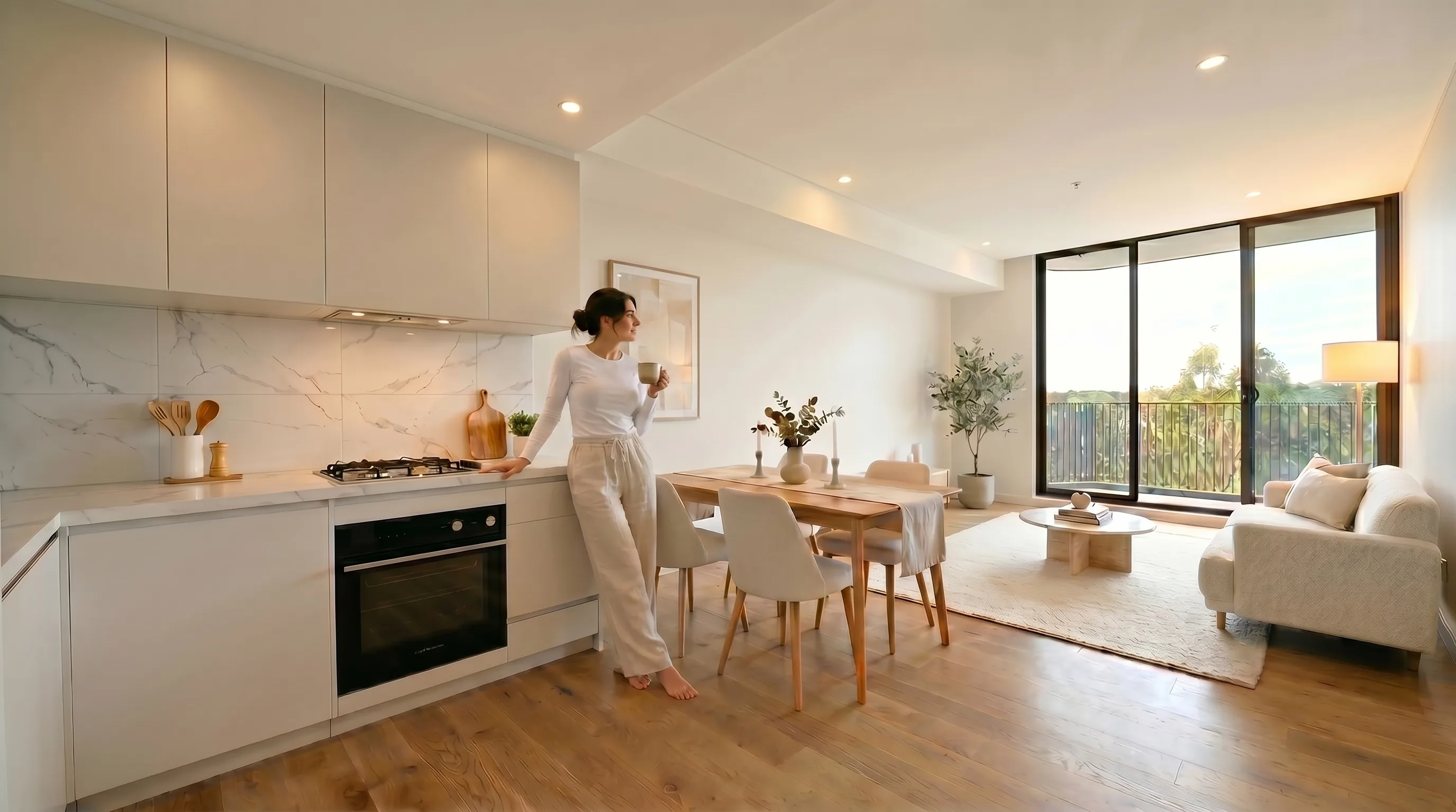 AI virtual staging fills an open-plan Sydney kitchen and living area with furniture, warm light and a resident.