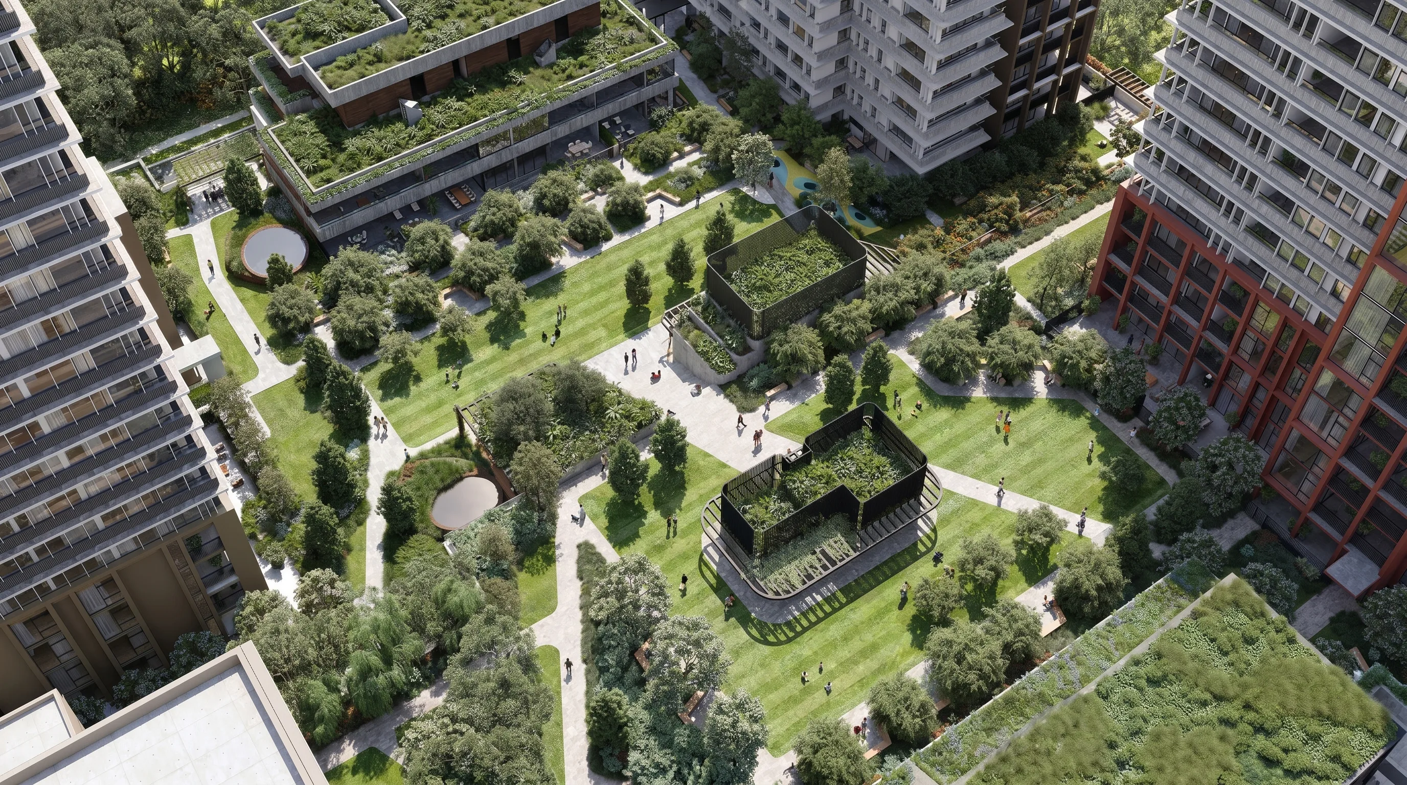 Aerial concept still from an AI real estate video of a landscaped courtyard