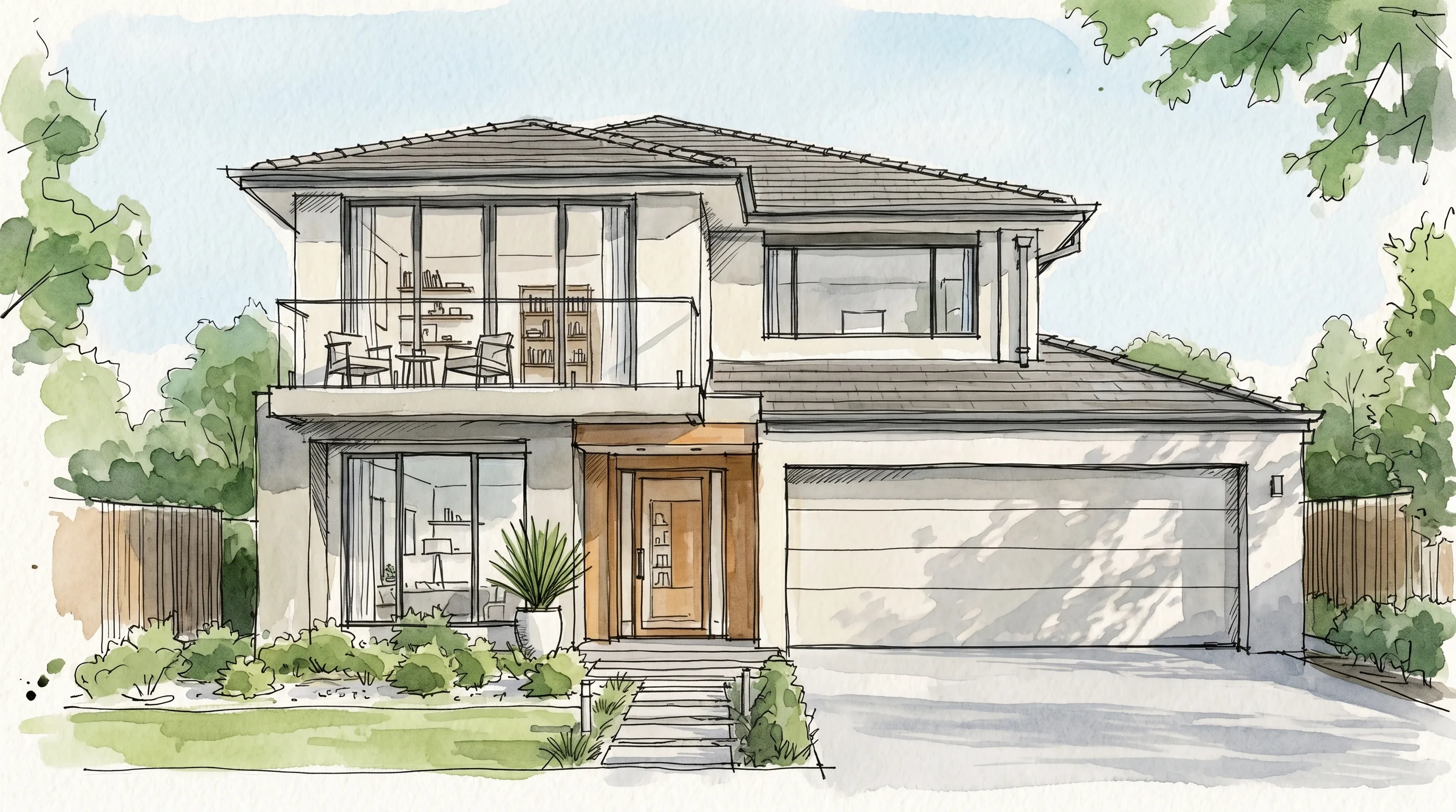 A hand-drawn architectural sketch of a two-storey home, the kind of concept drawing an animated floor plan video is built from