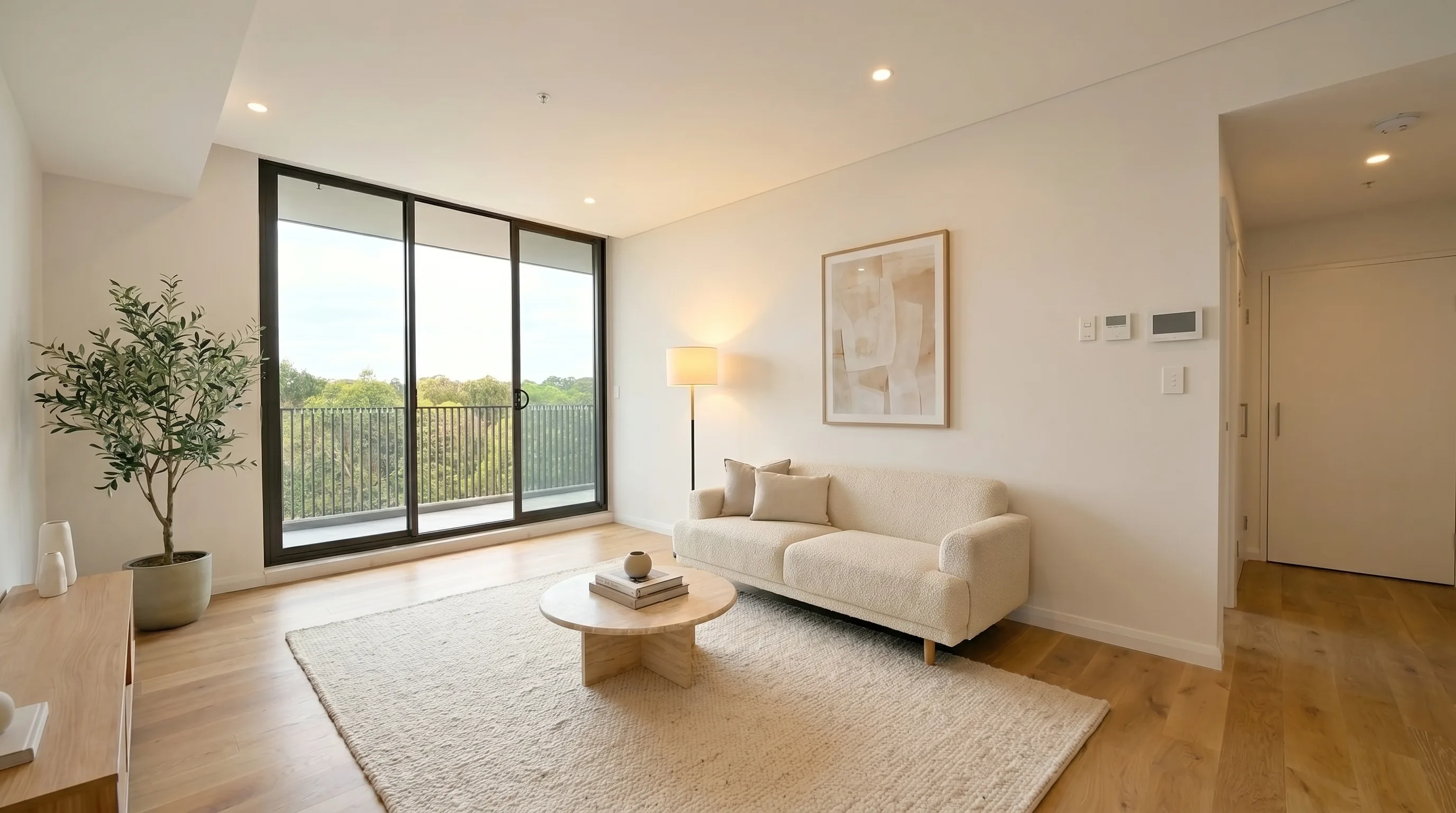 A property video company frames a bright living room with a balcony for a listing film