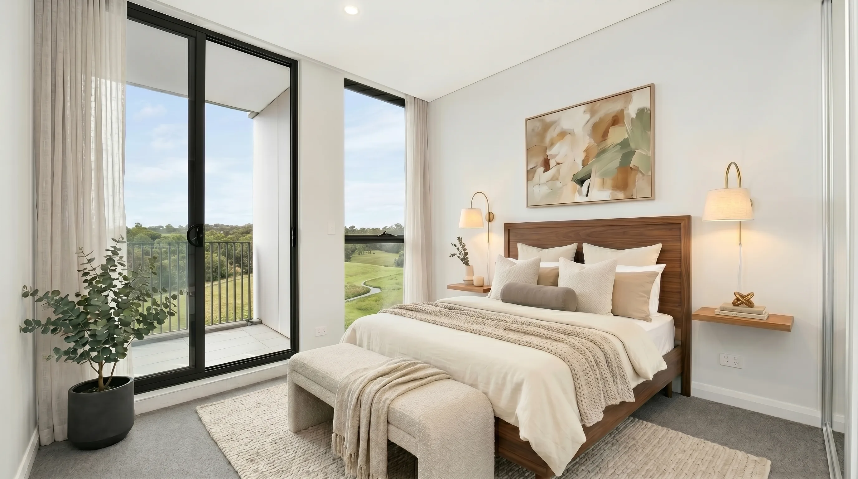 A bedroom framing a green Sydney outlook, the kind of view drone vs ai exterior shots both try to capture