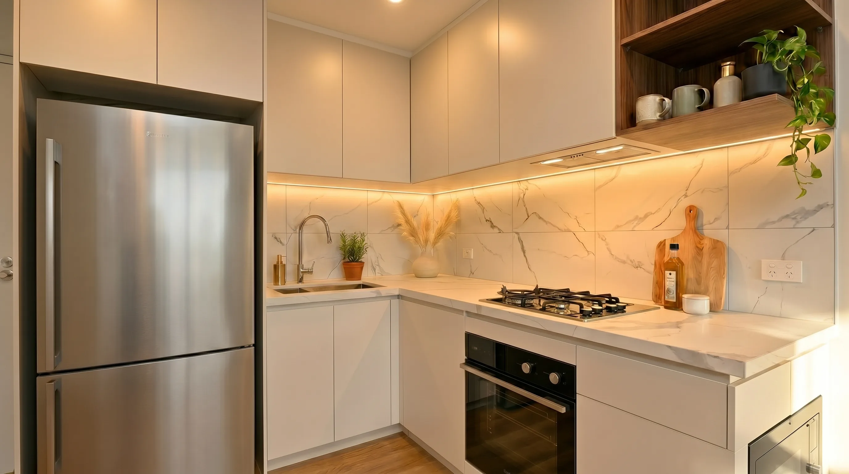 Photoreal kitchen rendered from the apartment's floor plan and finishes schedule