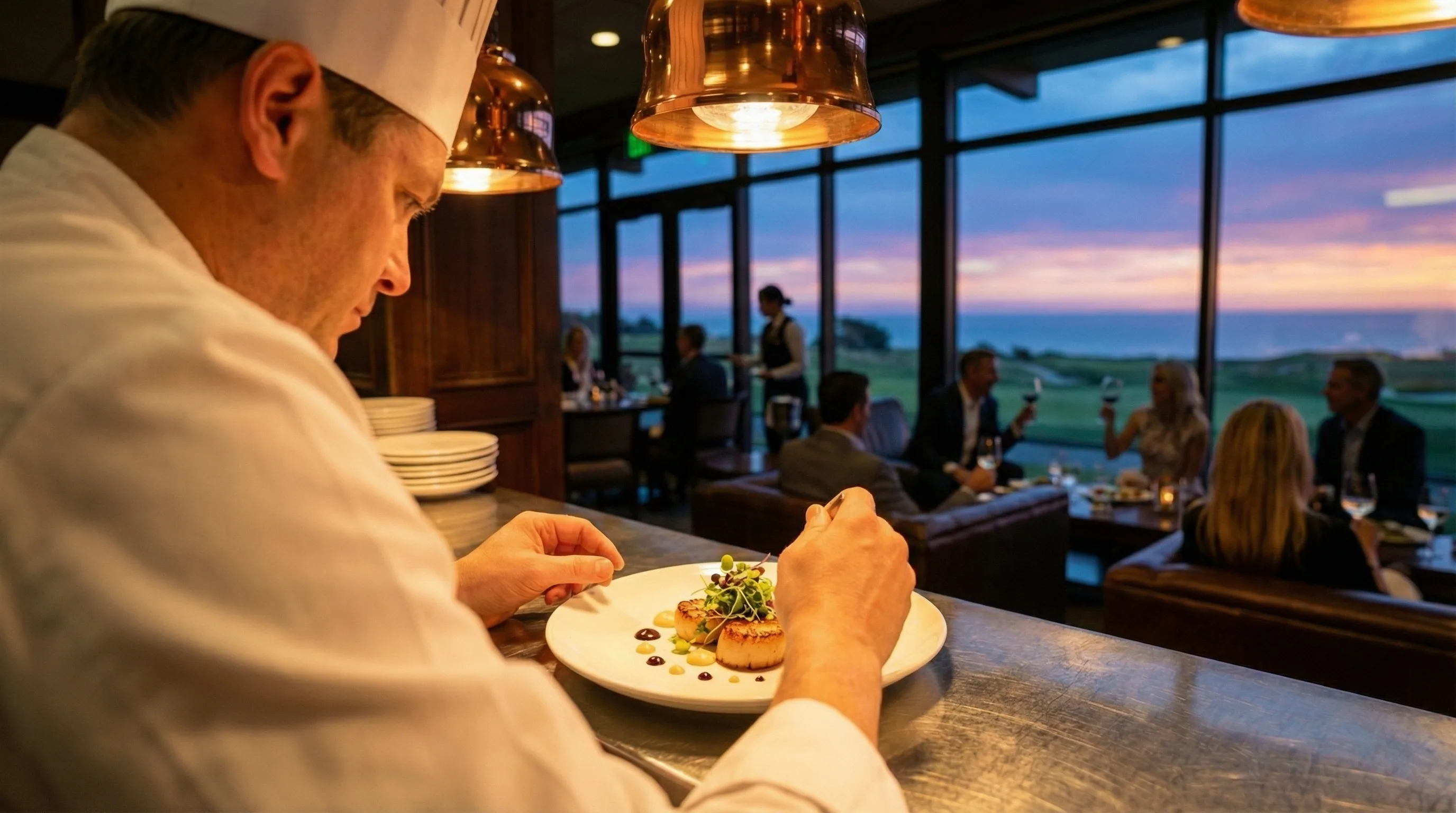 Lifestyle property film still of guests dining at a clifftop clubhouse at dusk