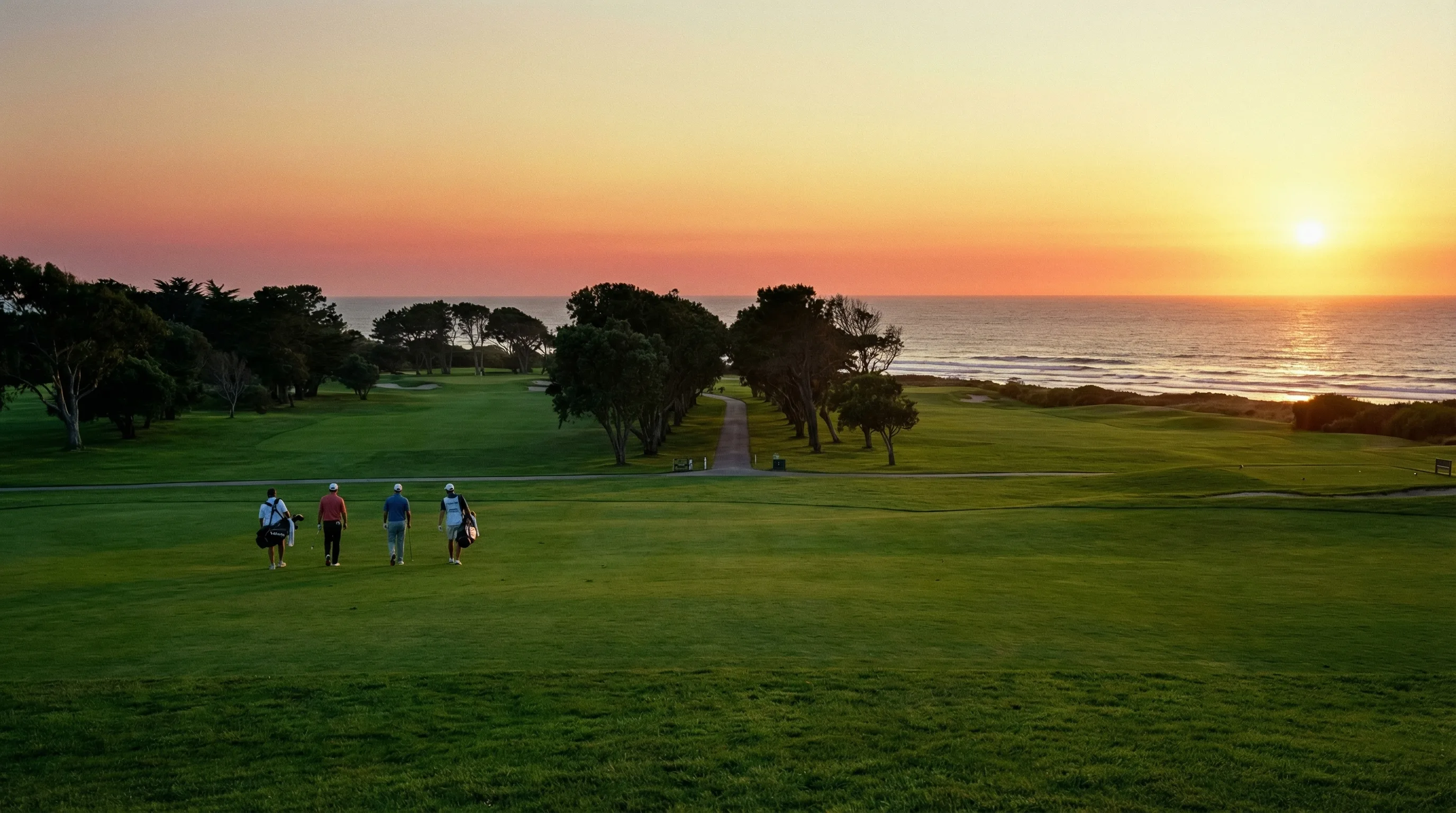 Group walking a coastal fairway toward the ocean at sunset in a property lifestyle sequence