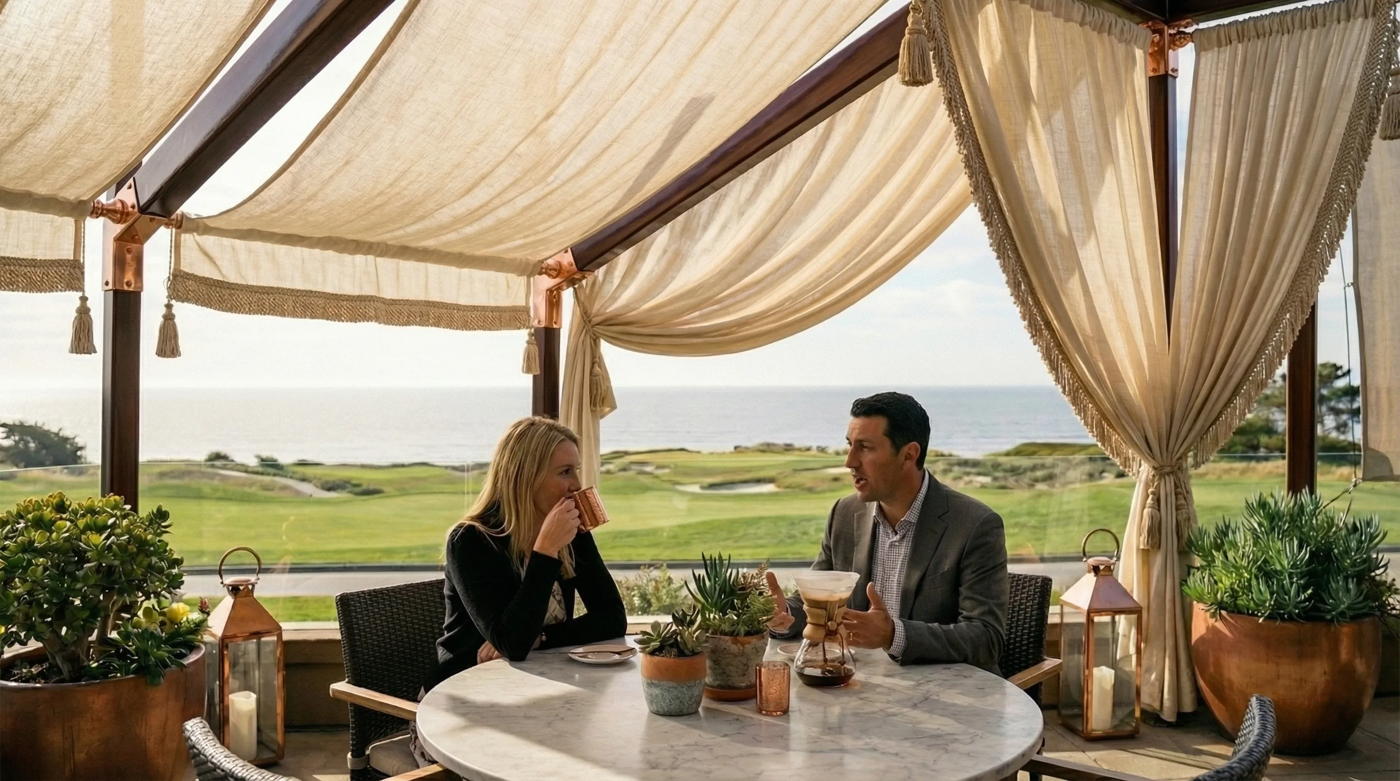 Real estate listing video lifestyle still of buyers relaxing at an oceanview cabana