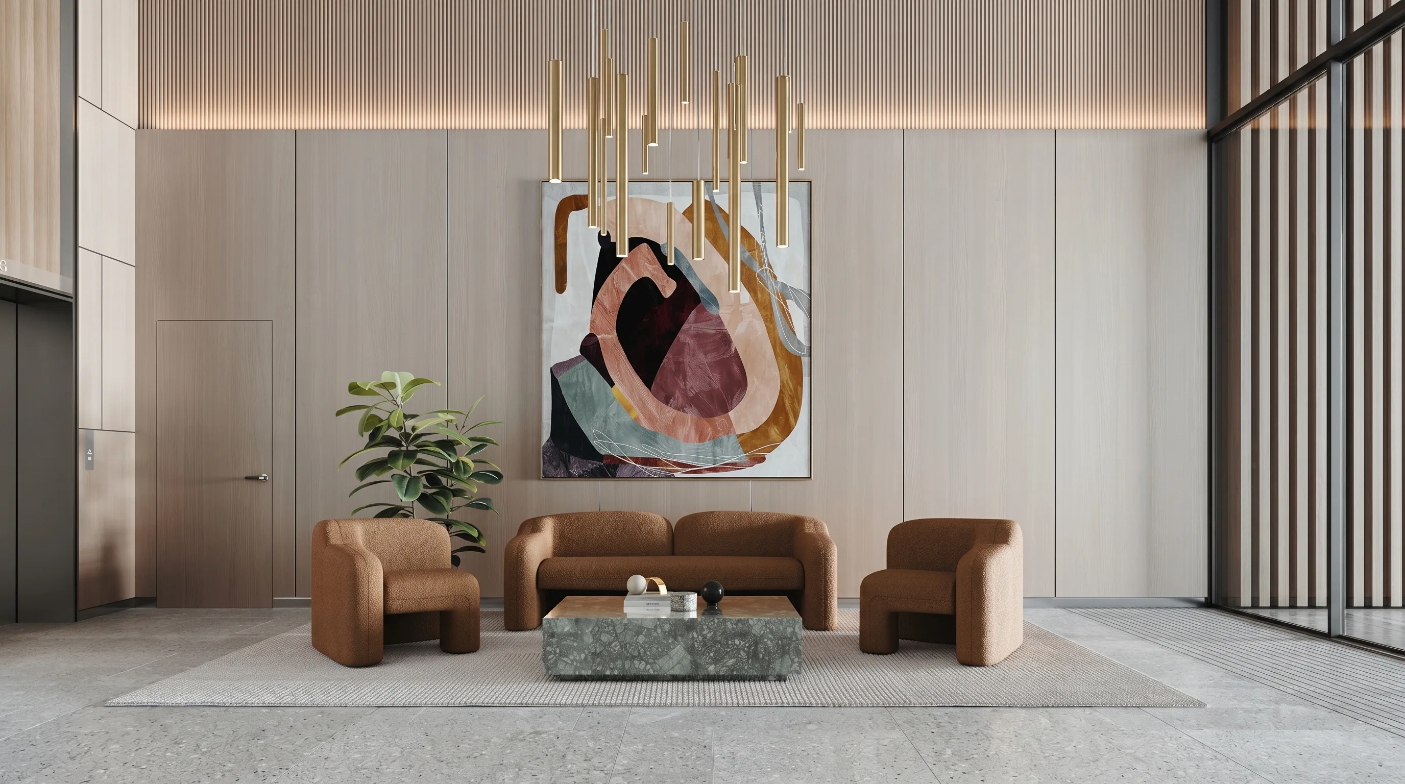 A rendered apartment lobby interior with boucle sofas and abstract art, an off-the-plan visualisation