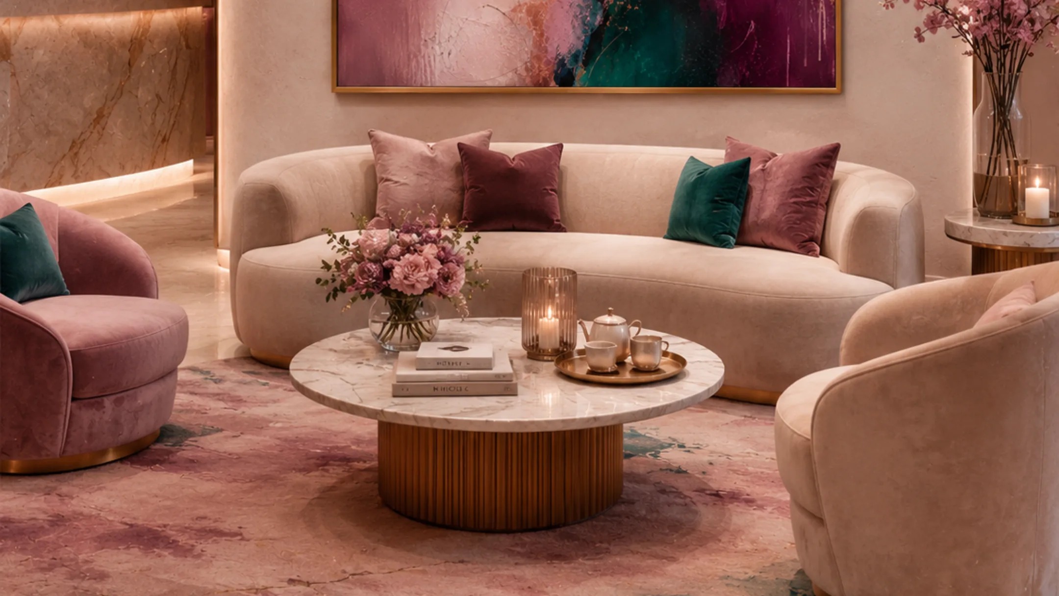 A warm evening lounge interior styled for a property video photo session