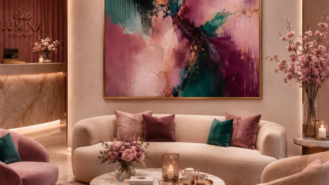 A premium lounge interior render used to explain finish level