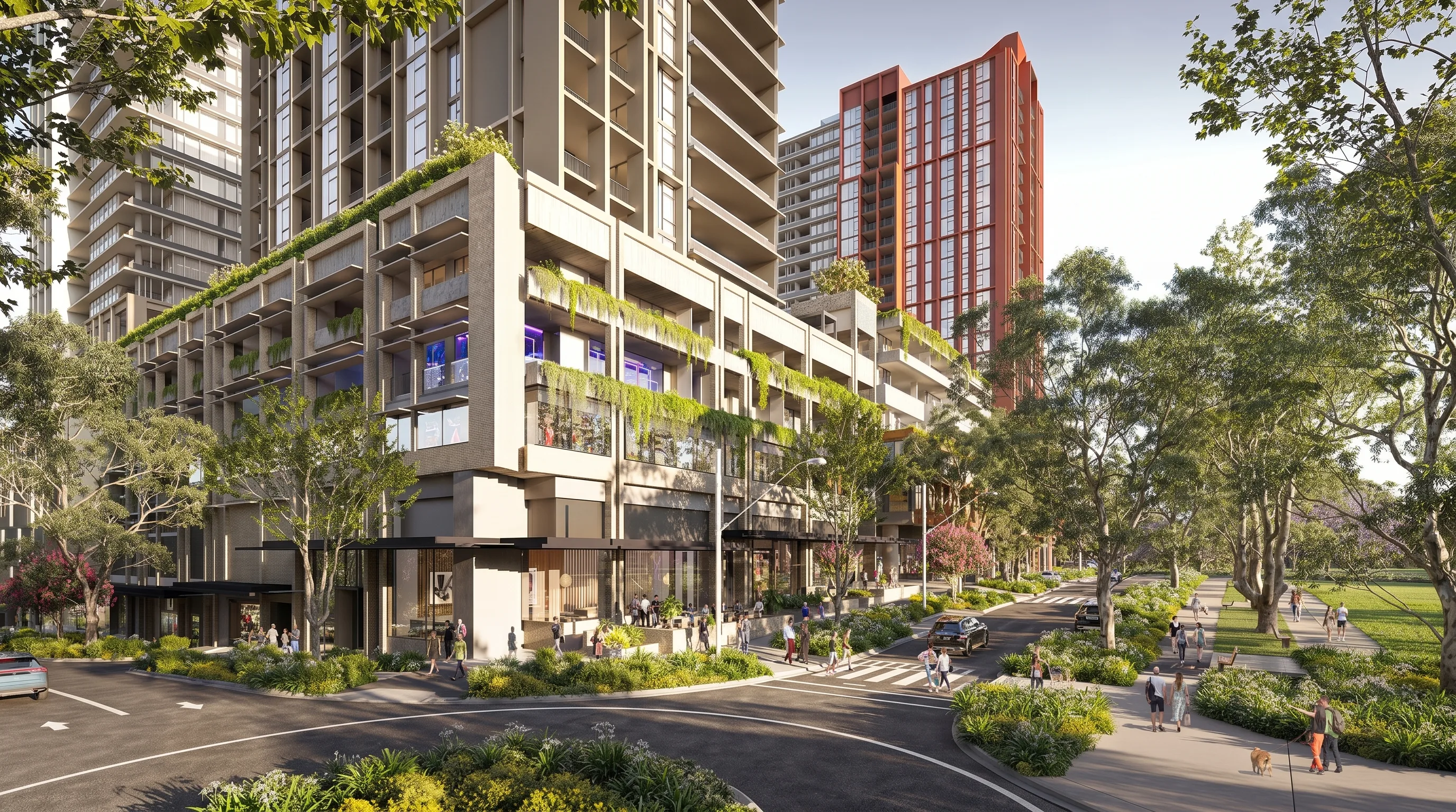 Exterior of an off-the-plan apartment development at dusk, the kind of project where staged interior rooms sell the listing