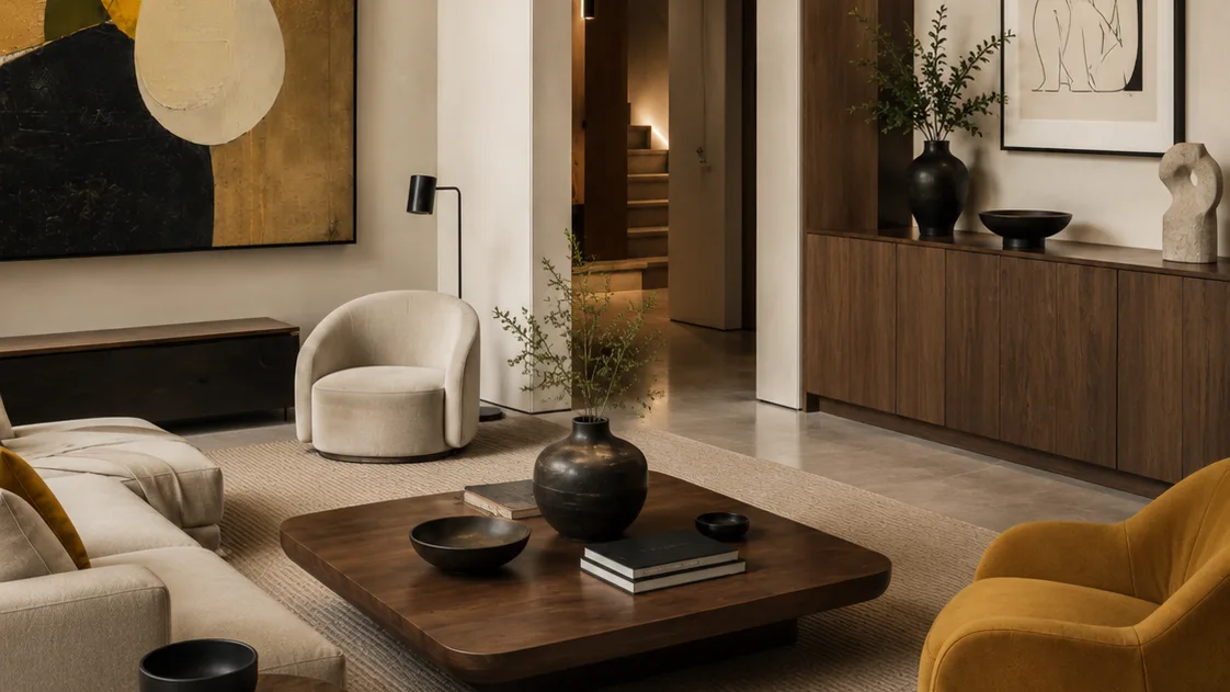 Video virtual staging of an empty living room, furnished and shown in a moving walkthrough