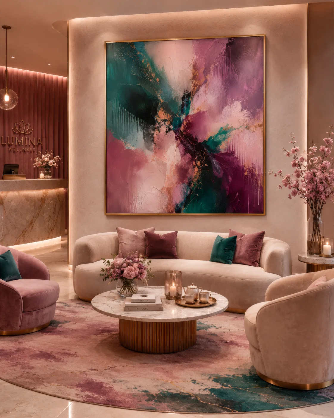 Property visualisation turnaround shown as an AI-rendered living room interior with framed art