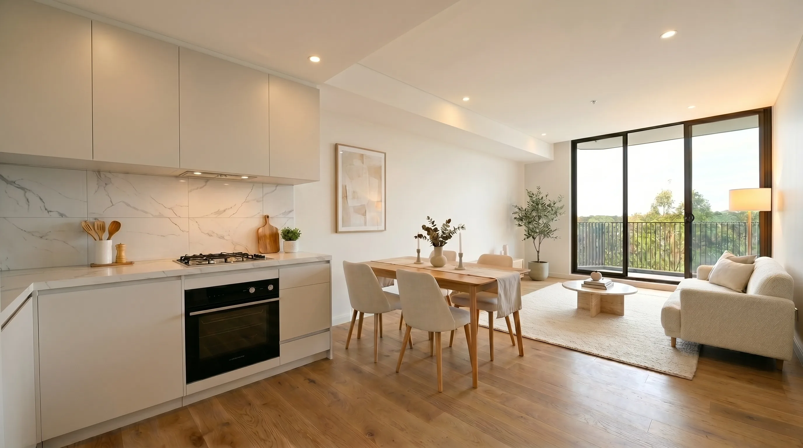 The open-plan frame I set out to virtually stage a property from, dressed as a warm Sydney apartment