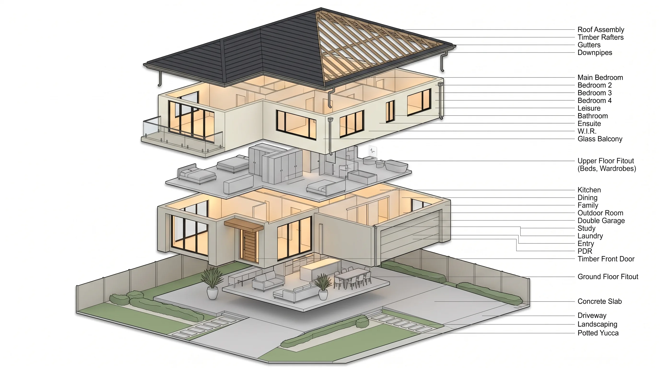 Cutaway diagram of a home showing which furniture and fittings are digitally added during staging