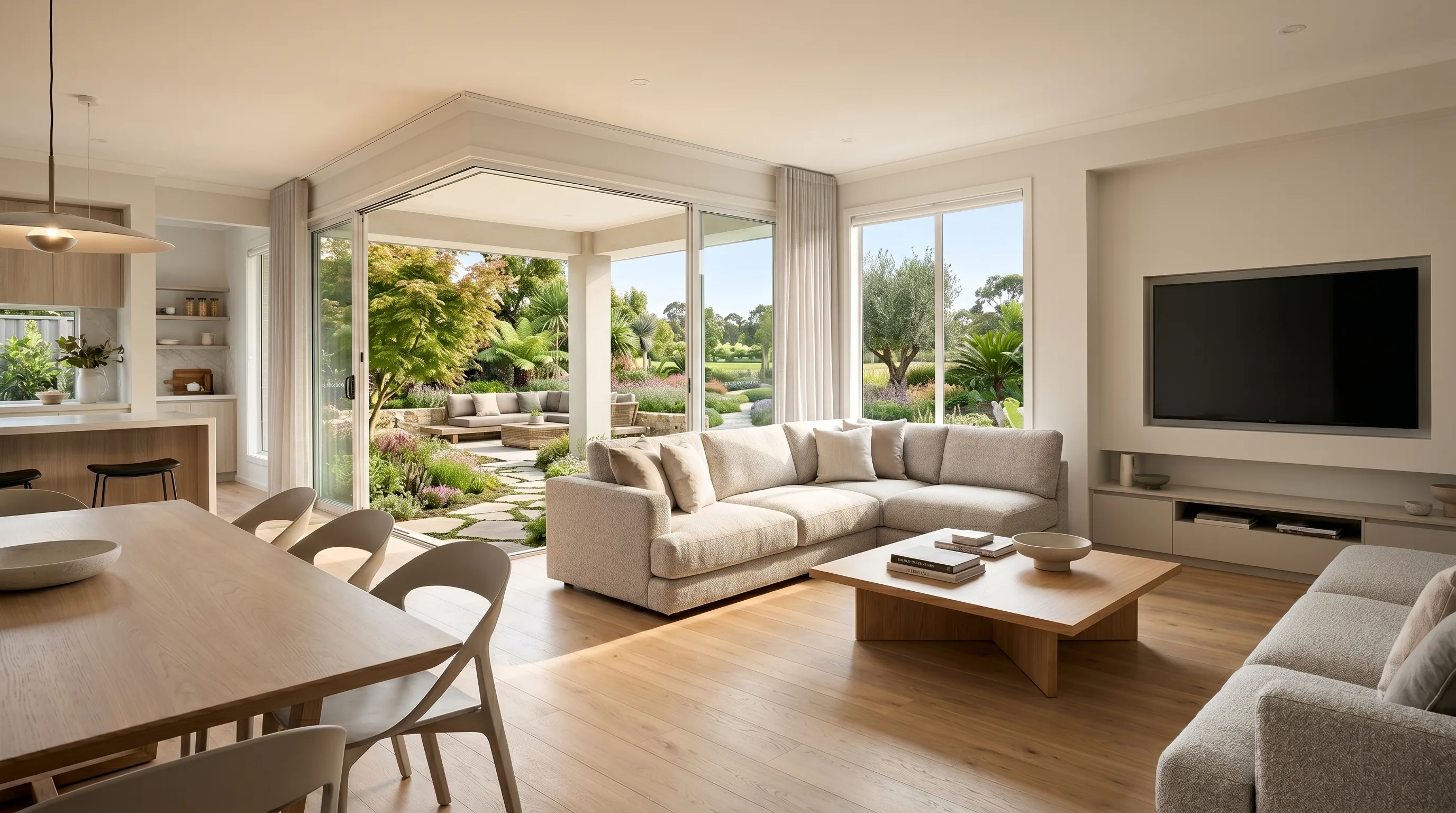 A virtually staged open-plan living room that needs a clear virtual staging disclosure label on the listing