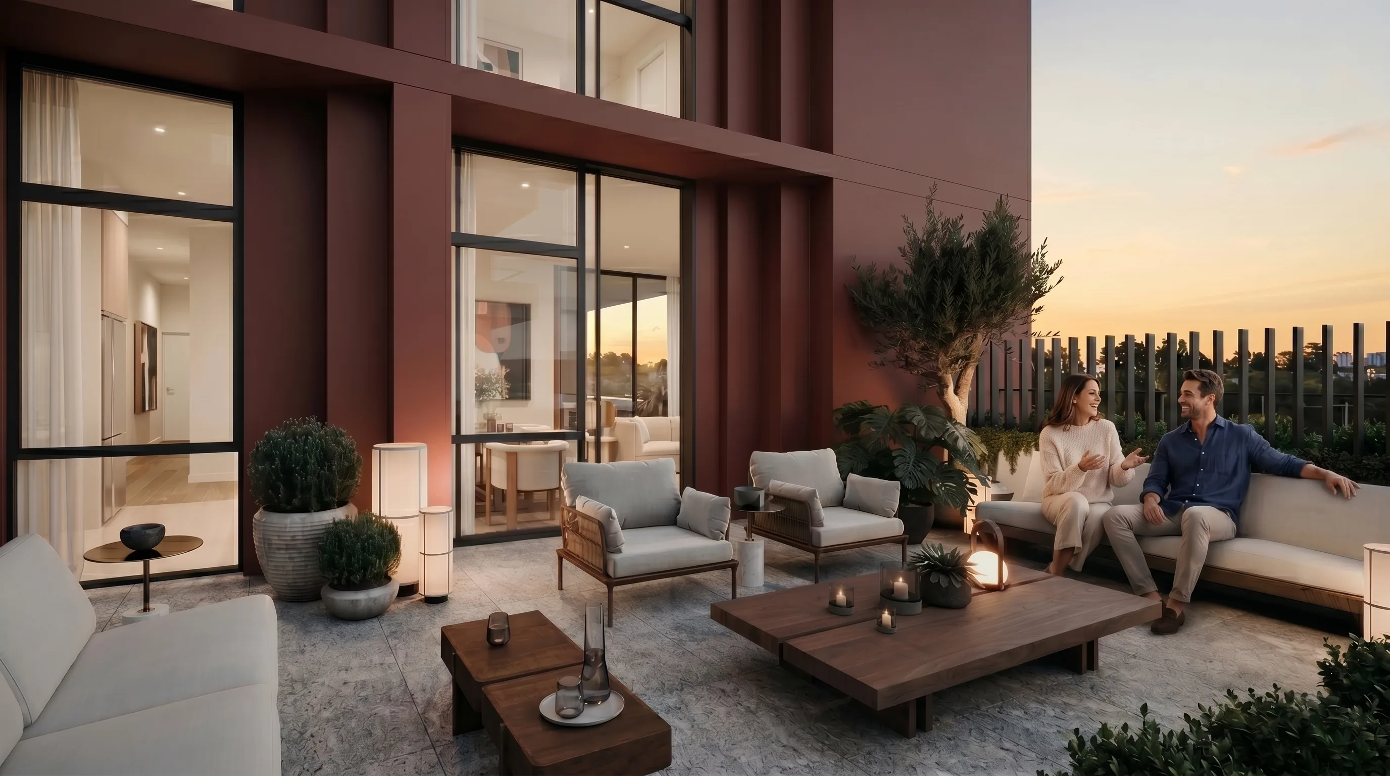 Virtual staging vs physical staging shown on a rendered apartment terrace styled with added furniture