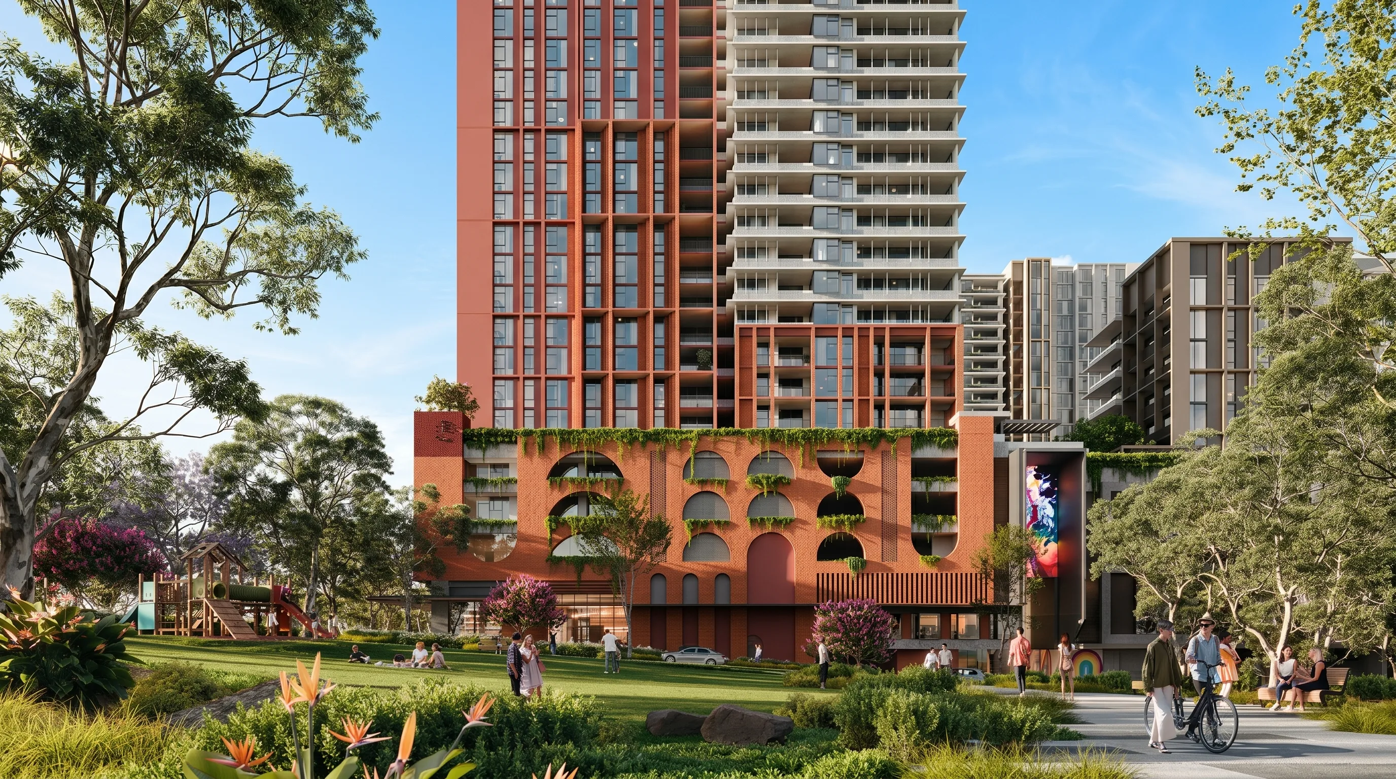 AI render of an off-the-plan apartment tower used as the base layer for virtual staging